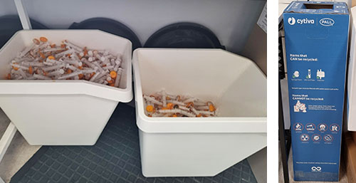 Syringe filters and syringes collected in the sample sorting room are then placed into the collection box pictured on right.