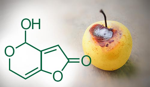 Patulin chemical structure as a toxic chemical contaminant produced by several species of mould. Patulin chemical structure as a toxic chemical contaminant produced by several species of mould.